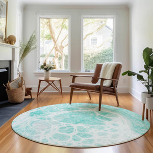 HomeRoots 8' Aqua and Ivory Abstract Round Rug - Washable, Stain Resistant, UV Protected for Indoor/Outdoor Use 656019