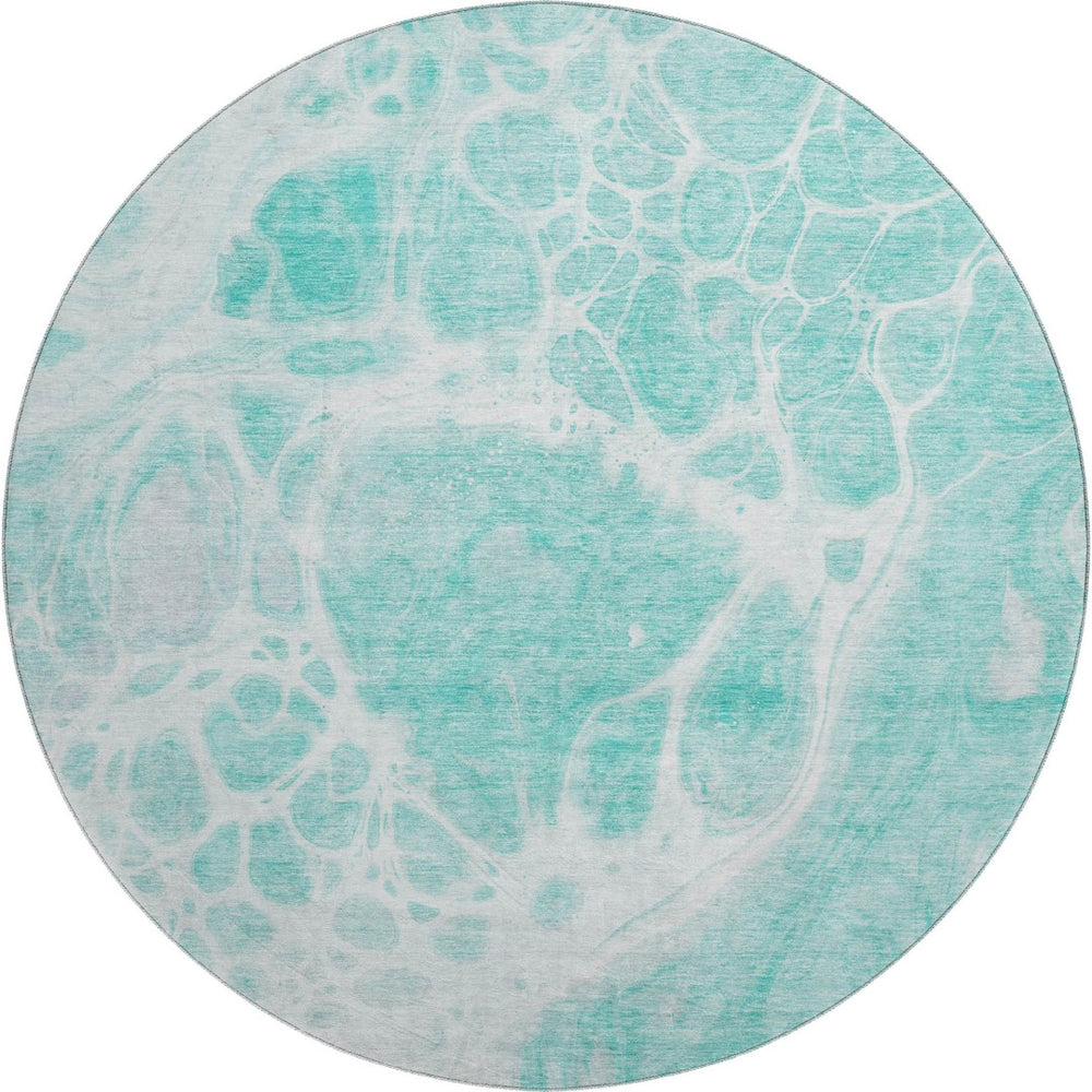 HomeRoots 8' Aqua and Ivory Abstract Round Rug - Washable, Stain Resistant, UV Protected for Indoor/Outdoor Use 656019