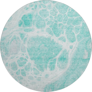 HomeRoots 8' Aqua and Ivory Abstract Round Rug - Washable, Stain Resistant, UV Protected for Indoor/Outdoor Use 656019