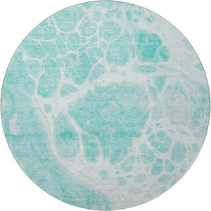HomeRoots 8' Aqua and Ivory Abstract Round Rug - Washable, Stain Resistant, UV Protected for Indoor/Outdoor Use 656019