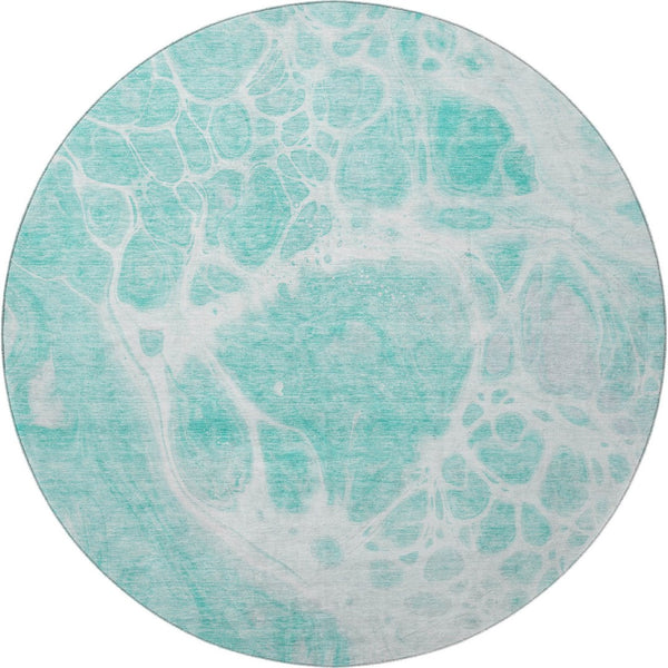 HomeRoots 8' Aqua and Ivory Abstract Round Rug - Washable, Stain Resistant, UV Protected for Indoor/Outdoor Use 656019