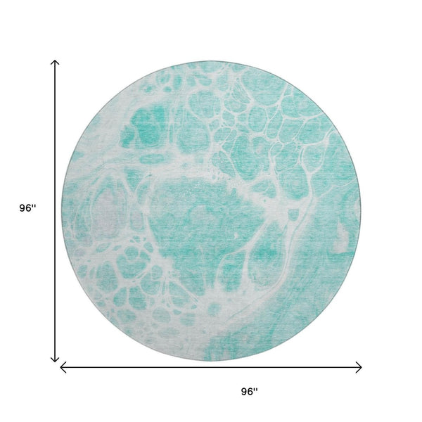 HomeRoots 8' Aqua and Ivory Abstract Round Rug - Washable, Stain Resistant, UV Protected for Indoor/Outdoor Use 656019