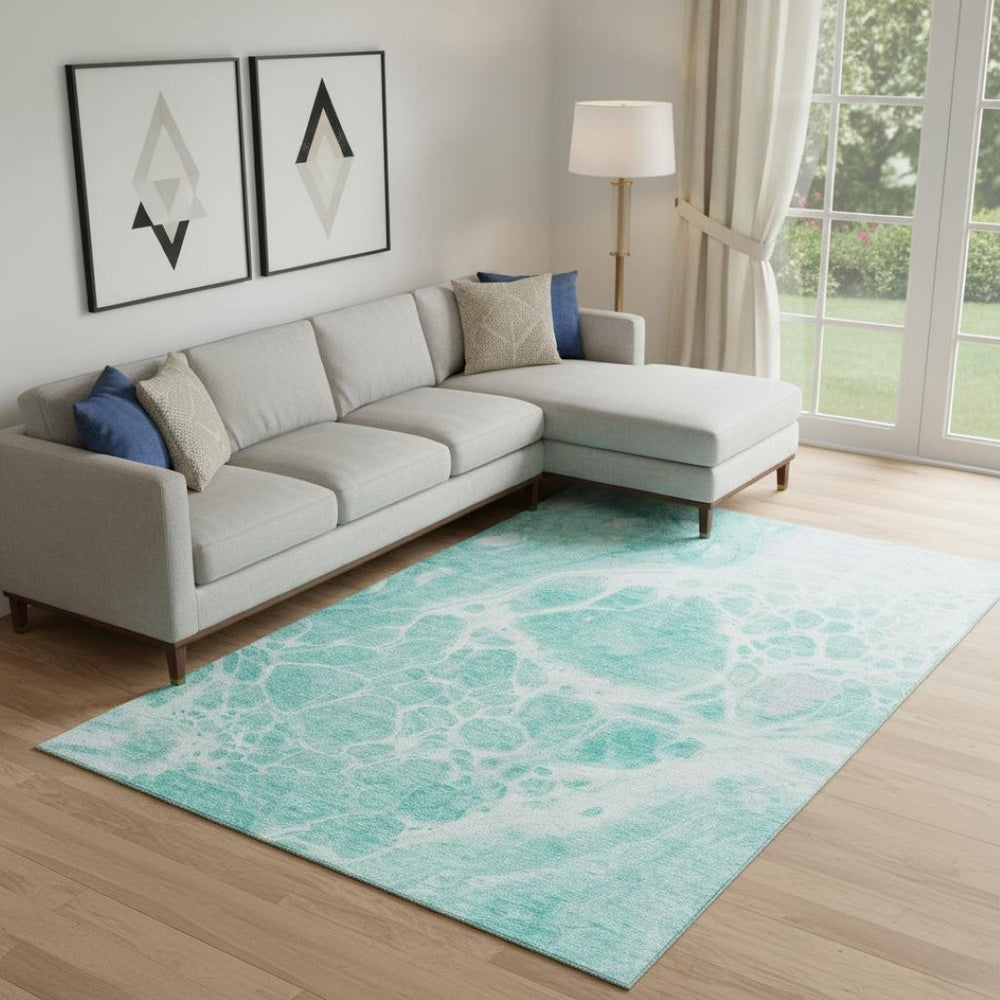 HomeRoots 8' X 10' Washable Aqua and Ivory Abstract Area Rug with UV Protection for Modern Living Spaces 656020