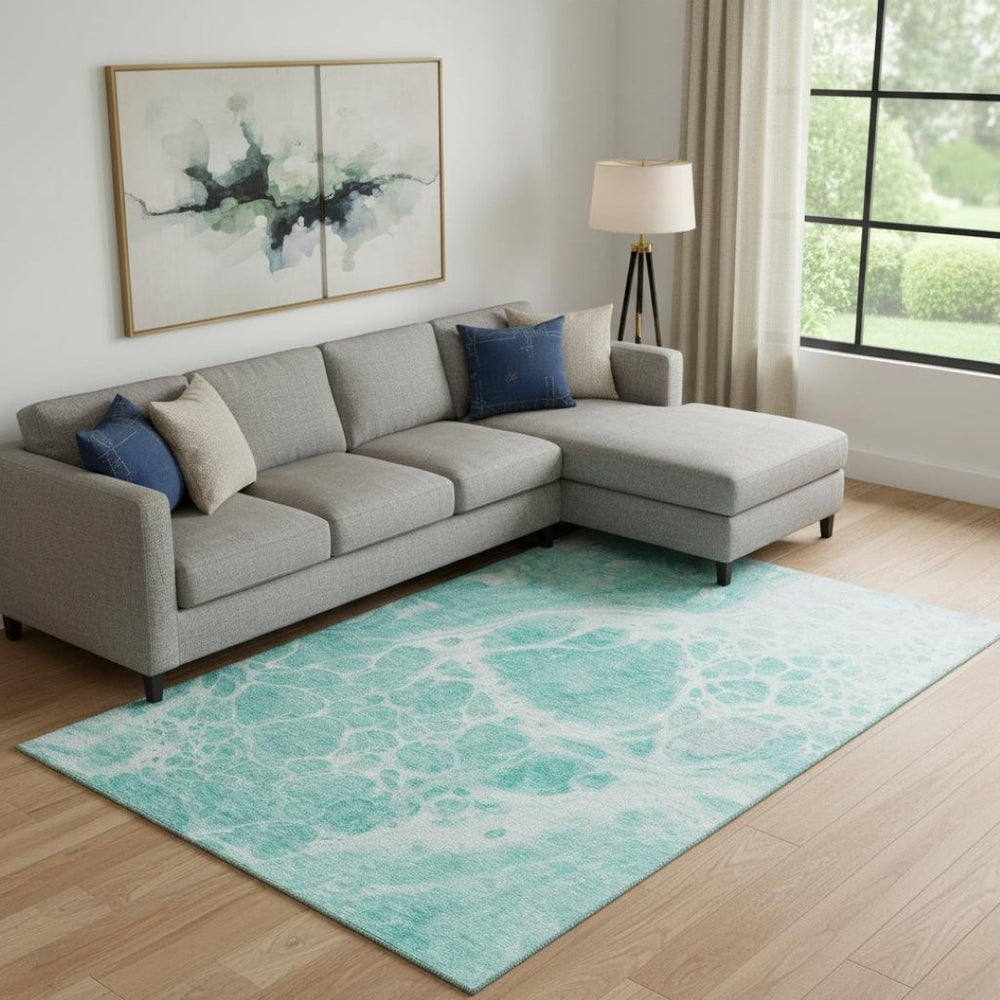HomeRoots 9' X 12' Aqua and Ivory Abstract Washable Area Rug with UV Protection for Stylish Home Living Spaces 656021