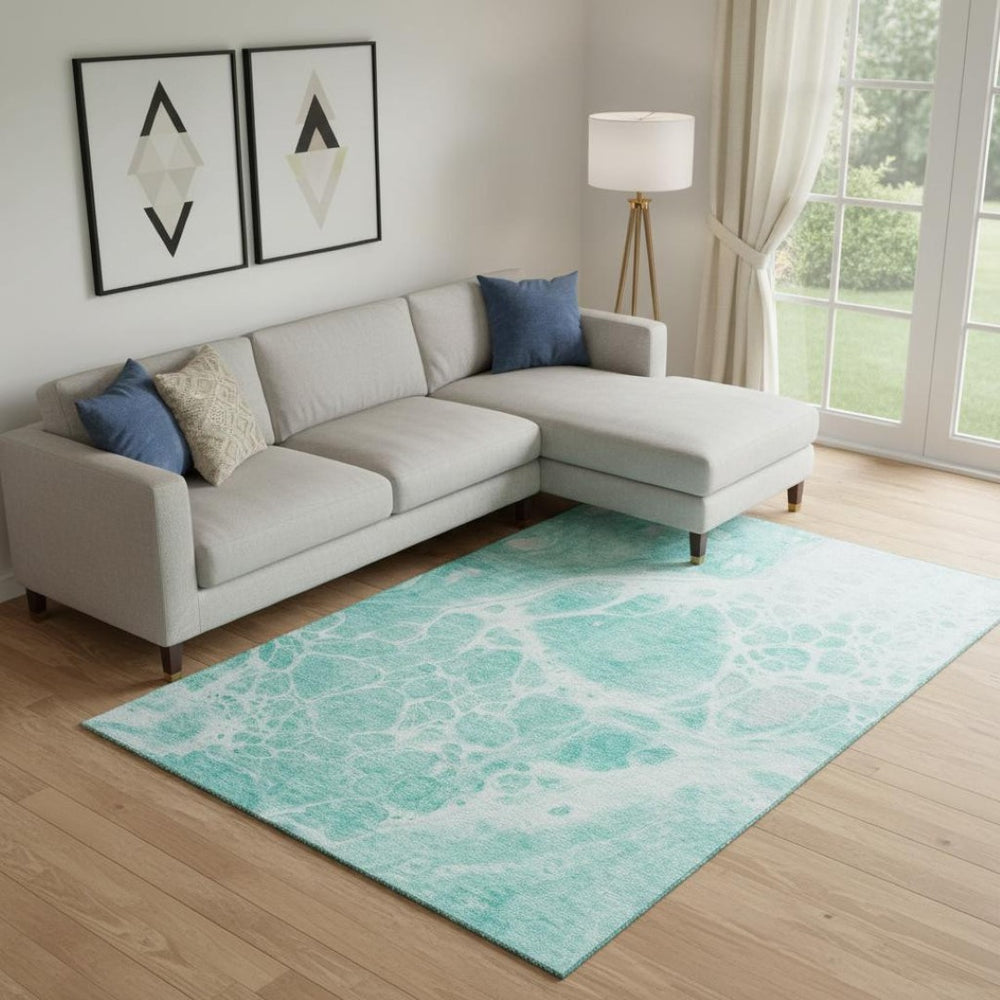 HomeRoots 10' Aqua And Ivory Abstract Area Rug - Washable, UV Protected, Stain-Resistant, Ideal for Family Spaces 656022