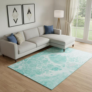 HomeRoots 10' Aqua And Ivory Abstract Area Rug - Washable, UV Protected, Stain-Resistant, Ideal for Family Spaces 656022