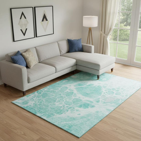 HomeRoots 10' Aqua And Ivory Abstract Area Rug - Washable, UV Protected, Stain-Resistant, Ideal for Family Spaces 656022