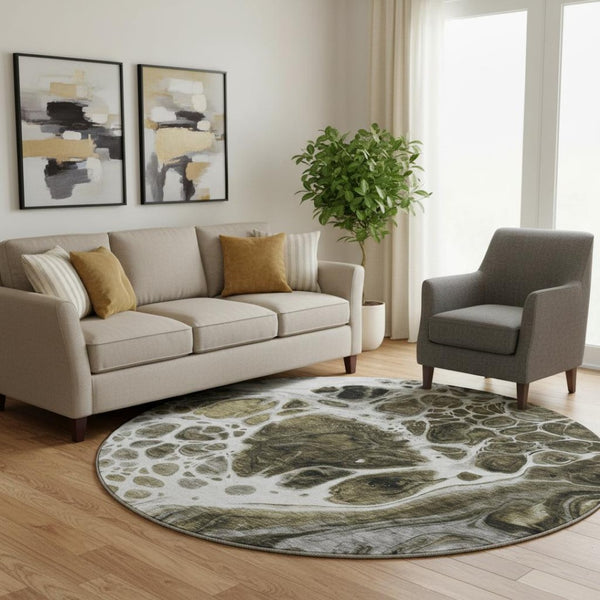HomeRoots 8' Chocolate and Ivory Abstract Round Area Rug - Washable, UV-Protected, Durable for High Traffic Areas 656025