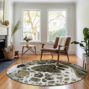 HomeRoots 8' Chocolate and Ivory Abstract Round Area Rug - Washable, UV-Protected, Durable for High Traffic Areas 656025