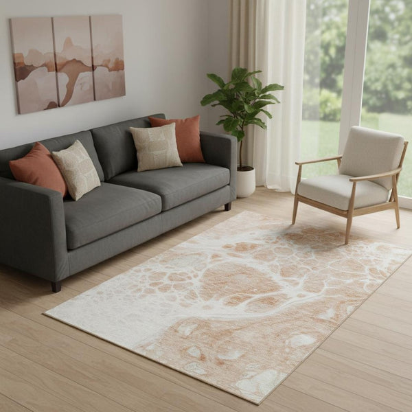HomeRoots 5' X 8' Coral and Ivory Abstract Area Rug - Durable, UV-Protected, Stain-Resistant for Modern Homes 656030
