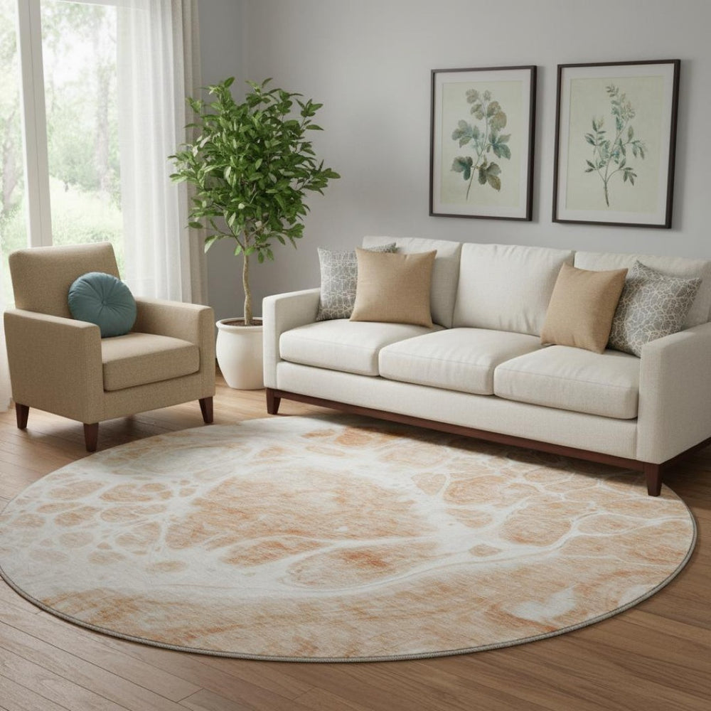 HomeRoots 8' Coral and Ivory Abstract Washable Round Rug – UV Protected, Durable, Stain-Resistant Design for Homes 656031