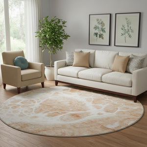 HomeRoots 8' Coral and Ivory Abstract Washable Round Rug – UV Protected, Durable, Stain-Resistant Design for Homes 656031