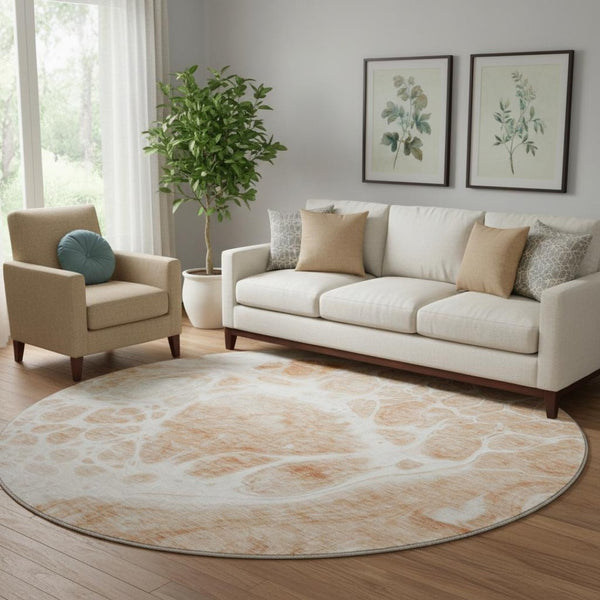 HomeRoots 8' Coral and Ivory Abstract Washable Round Rug – UV Protected, Durable, Stain-Resistant Design for Homes 656031
