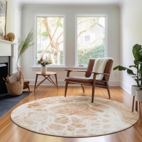 HomeRoots 8' Coral and Ivory Abstract Washable Round Rug – UV Protected, Durable, Stain-Resistant Design for Homes 656031