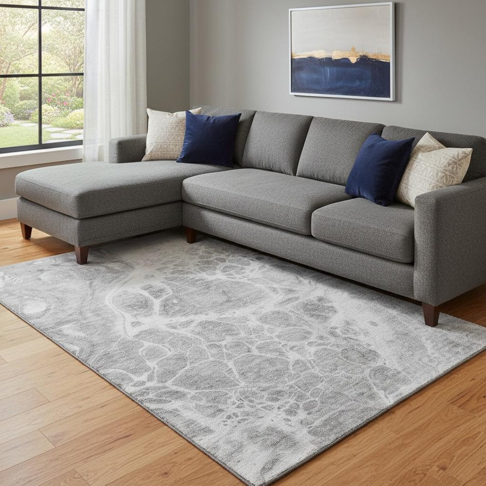 HomeRoots 8' X 10' Gray and Ivory Abstract Washable Area Rug – Durable, Stain Resistant, UV Protected Style! 656038