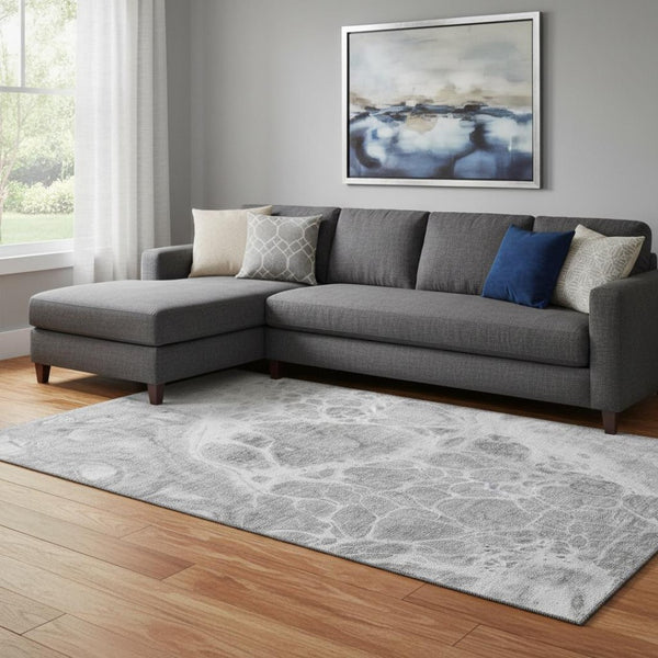 HomeRoots 9' X 12' Stylish Gray and Ivory Abstract Area Rug - Washable, UV Resistant, Perfect for Homes with Kids 656039
