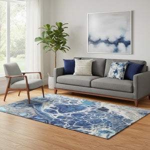 HomeRoots 5' Modern Abstract Washable Area Rug in Navy Blue, Ivory & Gray - Stain-Resistant, UV Protected! 656048