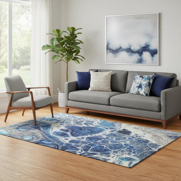 HomeRoots 5' Modern Abstract Washable Area Rug in Navy Blue, Ivory & Gray - Stain-Resistant, UV Protected! 656048