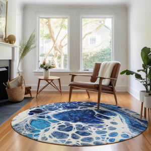HomeRoots 8' Stylish Navy Blue, Ivory & Gray Abstract Washable Round Rug with UV Protection for Any Space 656049