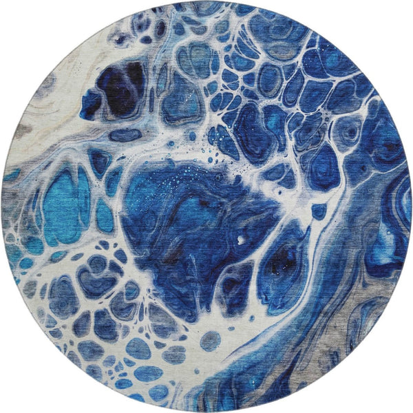 HomeRoots 8' Stylish Navy Blue, Ivory & Gray Abstract Washable Round Rug with UV Protection for Any Space 656049