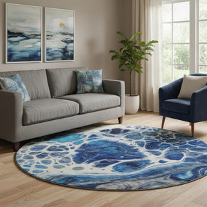 HomeRoots 8' Stylish Navy Blue, Ivory & Gray Abstract Washable Round Rug with UV Protection for Any Space 656049