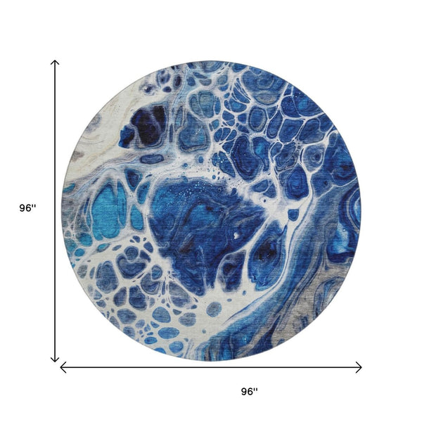 HomeRoots 8' Stylish Navy Blue, Ivory & Gray Abstract Washable Round Rug with UV Protection for Any Space 656049