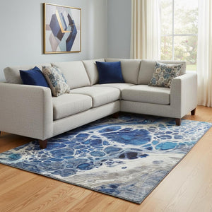 HomeRoots 8' X 10' Abstract Washable Area Rug in Navy Blue, Ivory & Gray – Stylish, Stain-Resistant, UV Protected! 656050