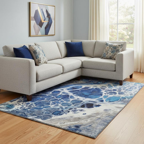 HomeRoots 8' X 10' Abstract Washable Area Rug in Navy Blue, Ivory & Gray – Stylish, Stain-Resistant, UV Protected! 656050