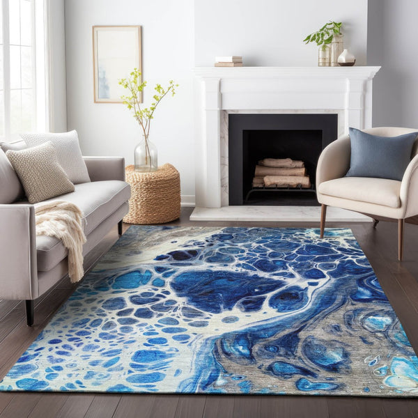 HomeRoots 9' X 12' Navy Blue Ivory Gray Abstract Area Rug - Washable, UV Protected & Pet-Friendly Design! 656051