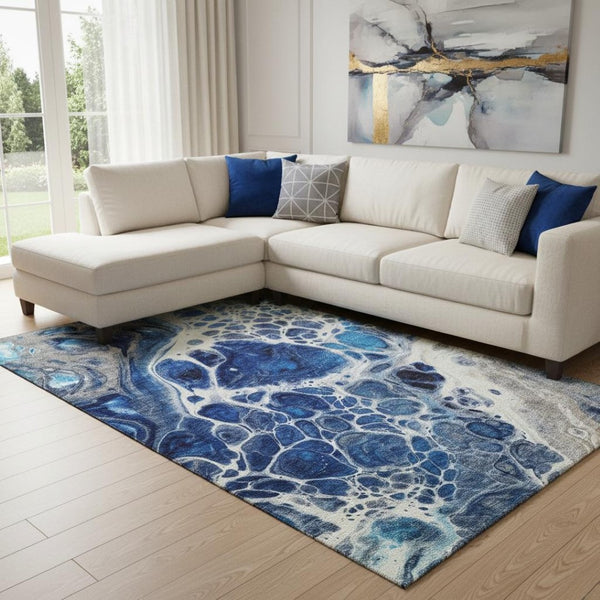 HomeRoots 9' X 12' Navy Blue Ivory Gray Abstract Area Rug - Washable, UV Protected & Pet-Friendly Design! 656051