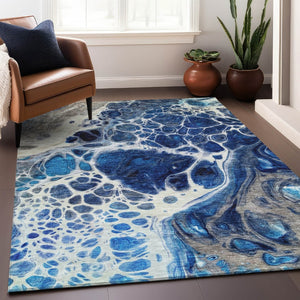 HomeRoots 9' X 12' Navy Blue Ivory Gray Abstract Area Rug - Washable, UV Protected & Pet-Friendly Design! 656051