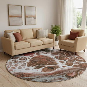 HomeRoots 8' Washable Round Rug in Rust, Ivory & Gray - UV Protected, Durable, Modern Design for Family Spaces 656055
