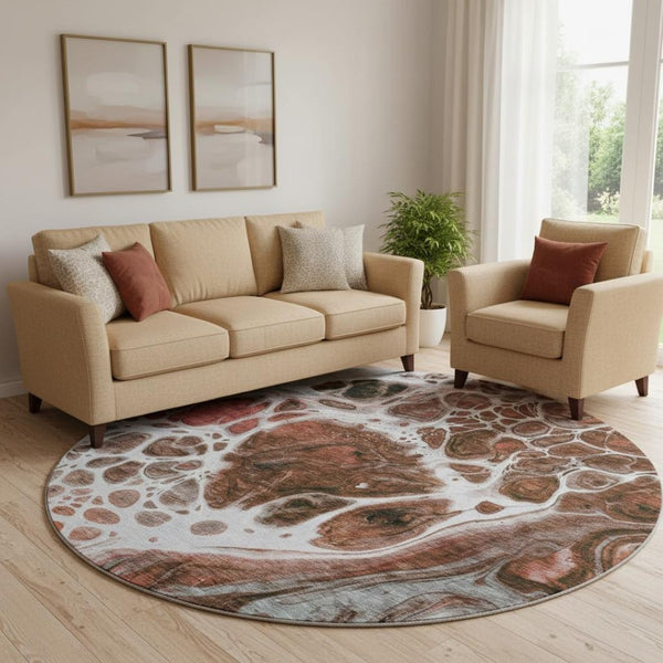 HomeRoots 8' Washable Round Rug in Rust, Ivory & Gray - UV Protected, Durable, Modern Design for Family Spaces 656055