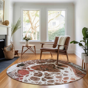 HomeRoots 8' Washable Round Rug in Rust, Ivory & Gray - UV Protected, Durable, Modern Design for Family Spaces 656055
