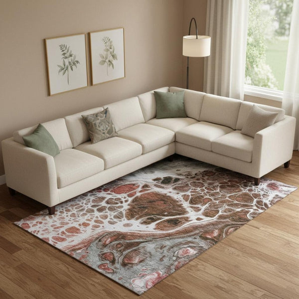 HomeRoots 10' X 14' Modern Abstract Washable Area Rug in Rust, Ivory, Gray - Durable, UV Protected Design! 656058