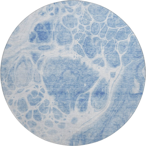 HomeRoots 8' Sky Blue & Ivory Abstract Round Rug - Washable, Stain-Resistant, UV Protected for Modern Homes 656061