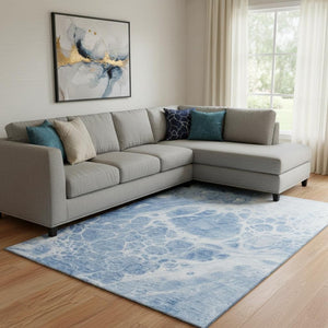 HomeRoots 9' X 12' Sky Blue and Ivory Abstract Washable Area Rug – Stylish, Durable, UV-Protected Design for Homes 656063