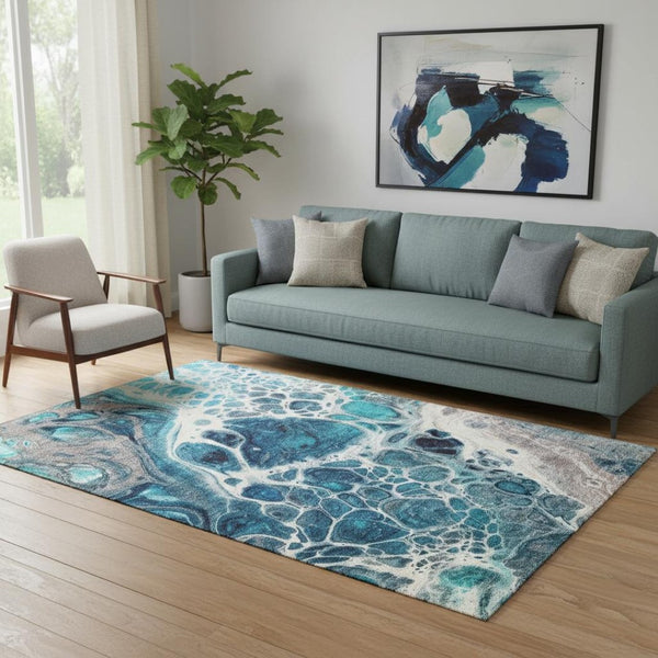 HomeRoots 5' Teal Ivory and Gray Abstract Area Rug - Washable, UV Protected, Stain-Resistant for Family Rooms 656066