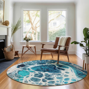 HomeRoots 8' Teal Ivory and Gray Washable Round Rug – Modern Abstract Design with UV Protection & Easy Care 656067