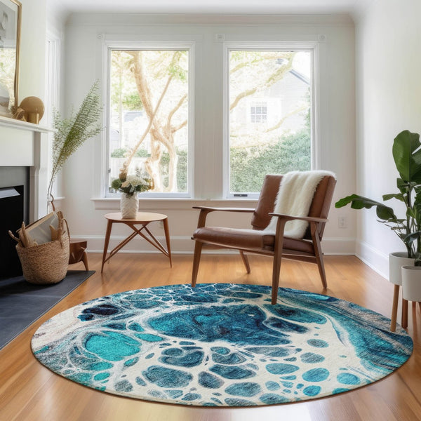 HomeRoots 8' Teal Ivory and Gray Washable Round Rug – Modern Abstract Design with UV Protection & Easy Care 656067