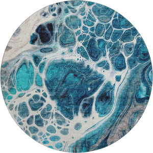 HomeRoots 8' Teal Ivory and Gray Washable Round Rug – Modern Abstract Design with UV Protection & Easy Care 656067