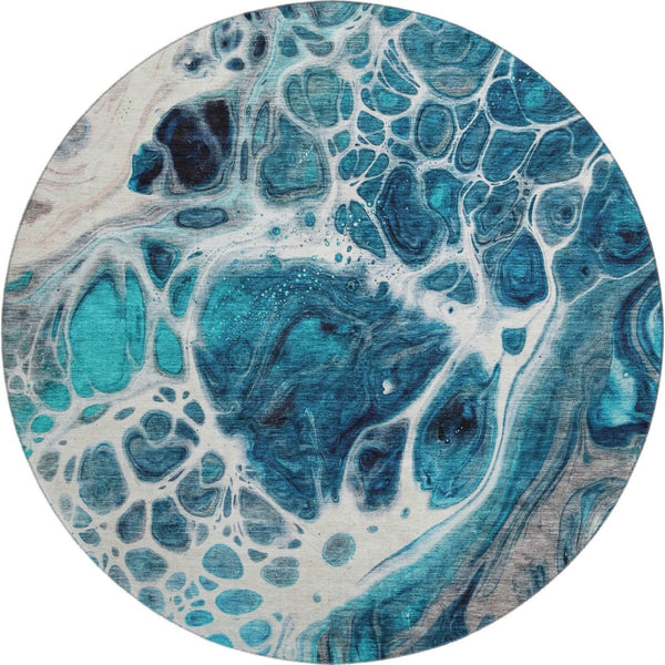 HomeRoots 8' Teal Ivory and Gray Washable Round Rug – Modern Abstract Design with UV Protection & Easy Care 656067