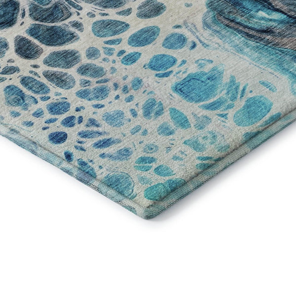HomeRoots 8' Teal Ivory and Gray Washable Round Rug – Modern Abstract Design with UV Protection & Easy Care 656067
