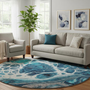 HomeRoots 8' Teal Ivory and Gray Washable Round Rug – Modern Abstract Design with UV Protection & Easy Care 656067