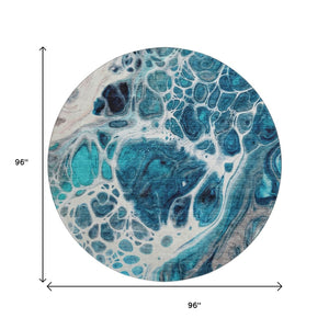 HomeRoots 8' Teal Ivory and Gray Washable Round Rug – Modern Abstract Design with UV Protection & Easy Care 656067
