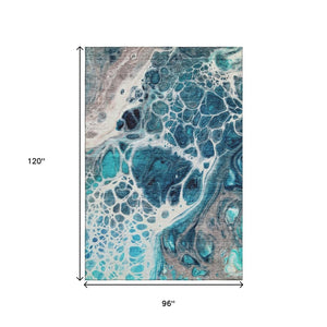 HomeRoots 8' X 10' Stylish Teal Ivory Gray Abstract Area Rug – Washable, UV Protected, Durable for Homes 656068