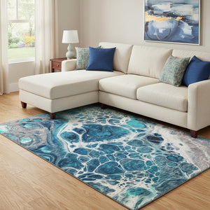 HomeRoots 8' X 10' Stylish Teal Ivory Gray Abstract Area Rug – Washable, UV Protected, Durable for Homes 656068