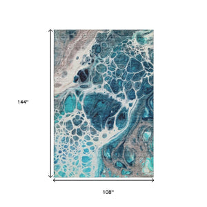 HomeRoots 9' X 12' Abstract Area Rug in Teal, Ivory & Gray - Washable, UV-Protected, Stylish & Durable Design 656069