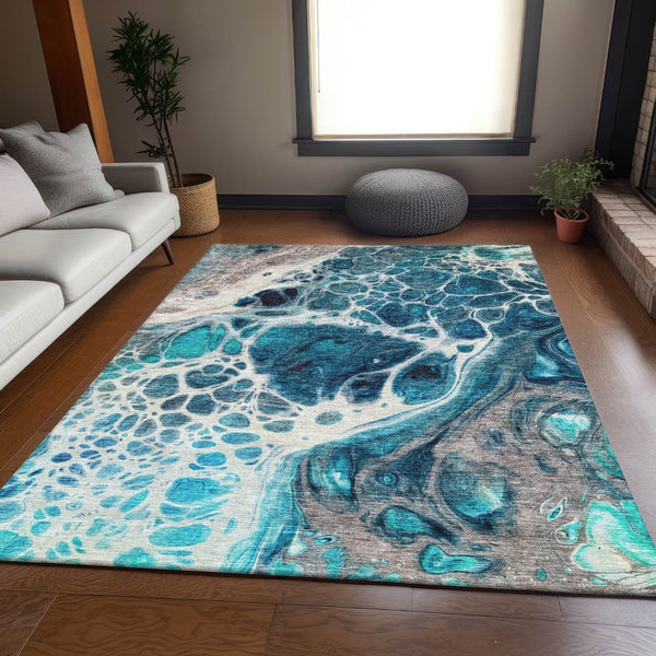 HomeRoots 9' X 12' Abstract Area Rug in Teal, Ivory & Gray - Washable, UV-Protected, Stylish & Durable Design 656069