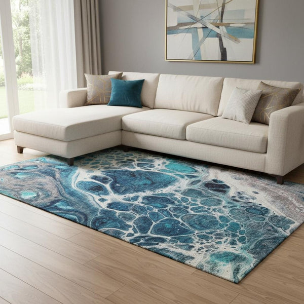 HomeRoots 9' X 12' Abstract Area Rug in Teal, Ivory & Gray - Washable, UV-Protected, Stylish & Durable Design 656069